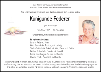 Traueranzeige von Kunigunde Federer von Neumarkter Tagblatt