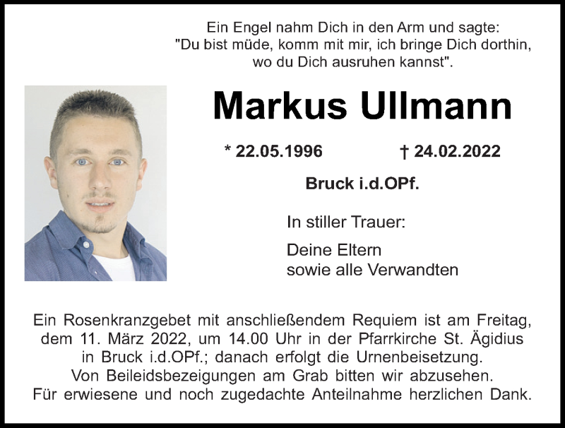  Traueranzeige für Markus Ullmann vom 08.03.2022 aus Mittelbayerische Zeitung Schwandorf