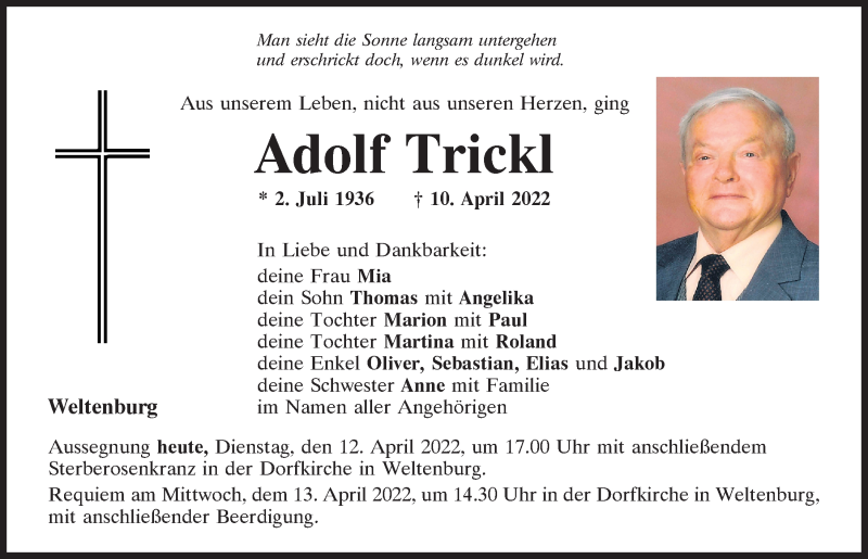 Traueranzeigen von Adolf Trickl | Mittelbayerische Trauer