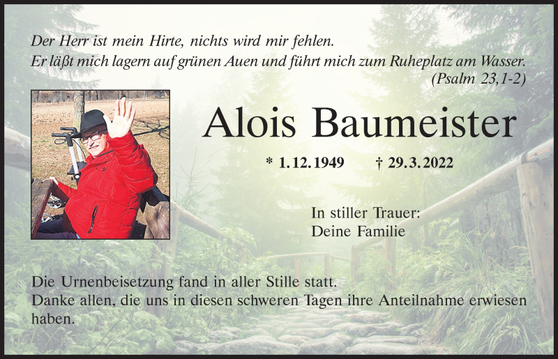 Traueranzeigen Von Alois Baumeister | Mittelbayerische Trauer