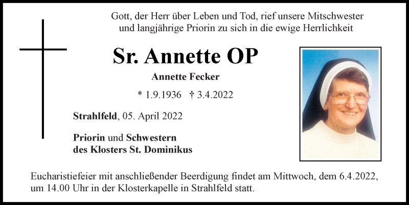  Traueranzeige für Annette Fecker vom 05.04.2022 aus Bayerwald Echo