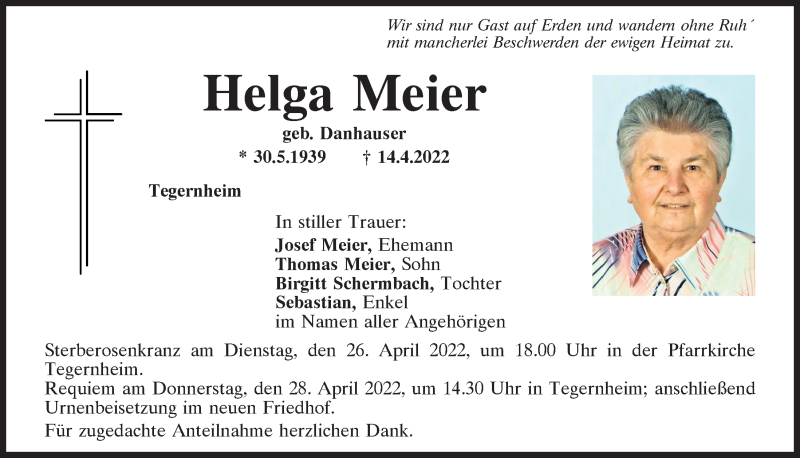 Traueranzeigen von Helga Meier | Mittelbayerische Trauer