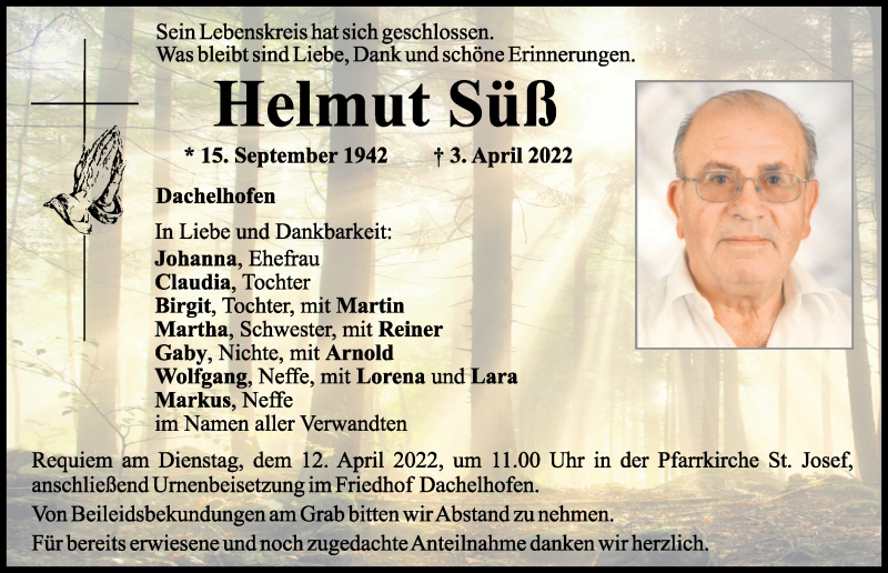  Traueranzeige für Helmut Süß vom 09.04.2022 aus Mittelbayerische Zeitung Schwandorf