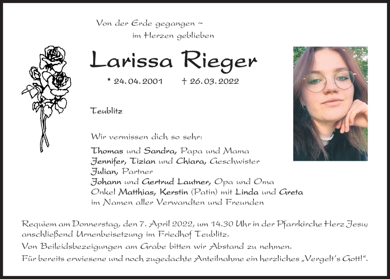  Traueranzeige für Larissa Rieger vom 05.04.2022 aus Mittelbayerische Zeitung Schwandorf