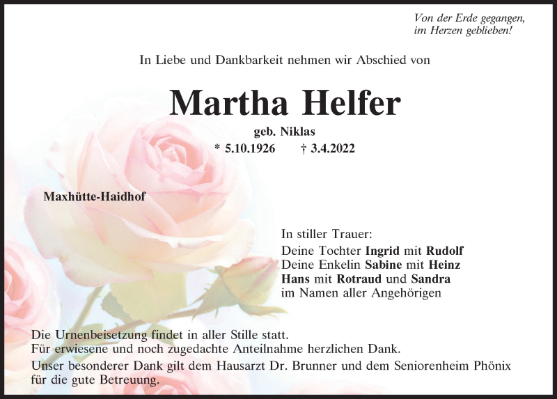  Traueranzeige für Martha Helfer vom 09.04.2022 aus Mittelbayerische Zeitung Schwandorf