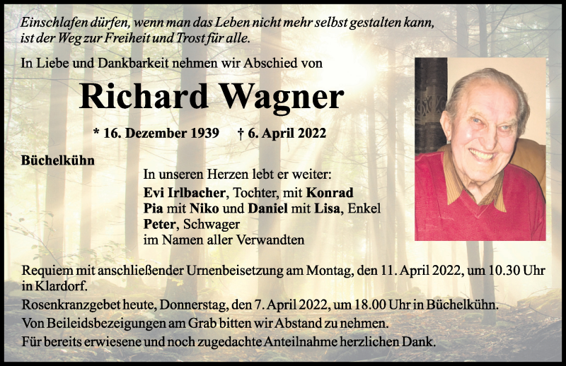  Traueranzeige für Richard Wagner vom 07.04.2022 aus Mittelbayerische Zeitung Schwandorf