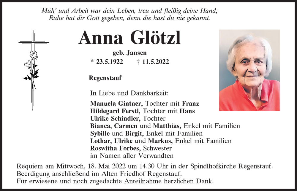 Traueranzeigen von Anna Glötzl | Mittelbayerische Trauer