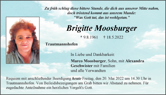 Traueranzeige von Brigitte Moosburger von Neumarkter Tagblatt