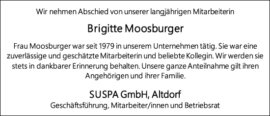 Traueranzeige von Brigitte Moosburger von Neumarkter Tagblatt