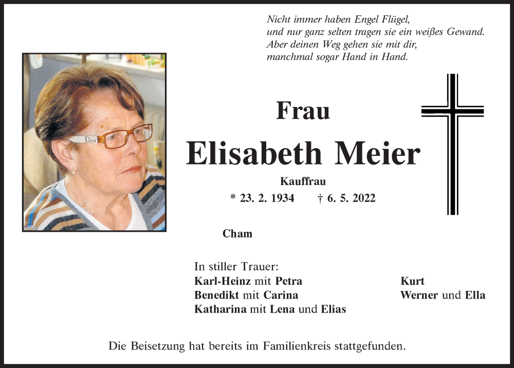  Traueranzeige für Elisabeth Meier vom 17.05.2022 aus Bayerwald Echo