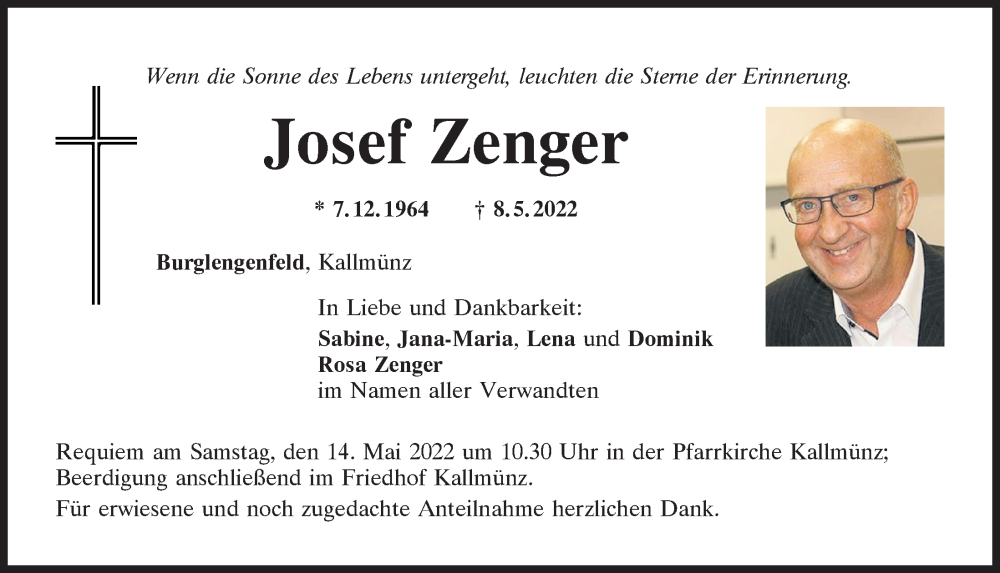  Traueranzeige für Josef Zenger vom 11.05.2022 aus Mittelbayerische Zeitung Regensburg