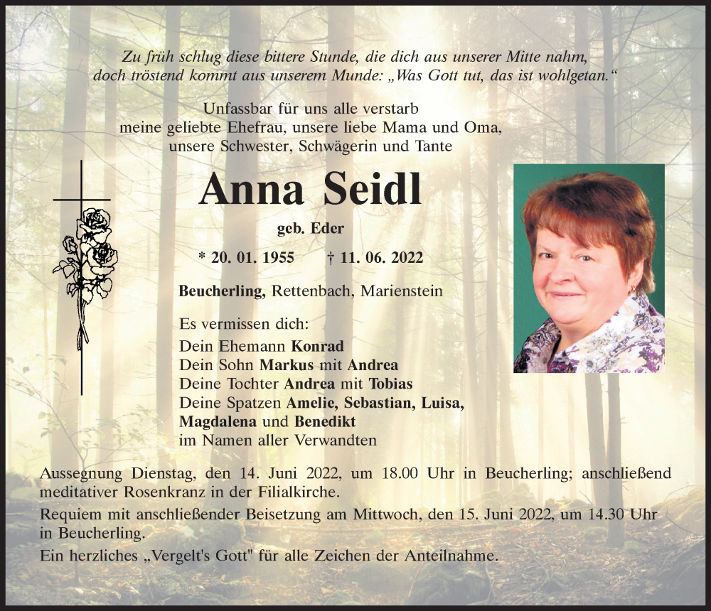  Traueranzeige für Anna Seidl vom 13.06.2022 aus Bayerwald Echo
