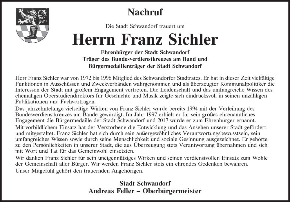  Traueranzeige für Franz Sichler vom 08.06.2022 aus Mittelbayerische Zeitung Schwandorf