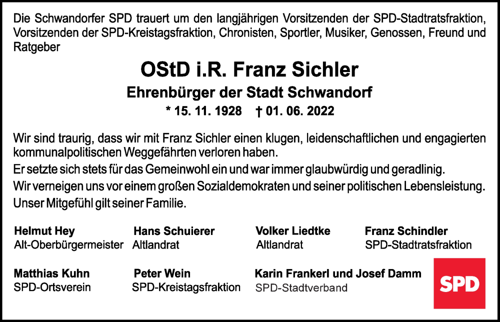  Traueranzeige für Franz Sichler vom 08.06.2022 aus Mittelbayerische Zeitung Schwandorf