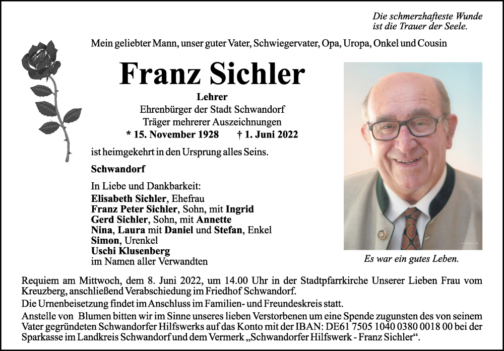  Traueranzeige für Franz Sichler vom 04.06.2022 aus Mittelbayerische Zeitung Schwandorf