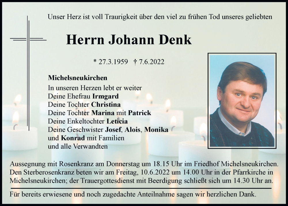  Traueranzeige für Johann Denk vom 09.06.2022 aus Bayerwald Echo