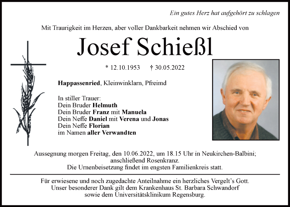 Traueranzeigen von Josef Schießl | Mittelbayerische Trauer