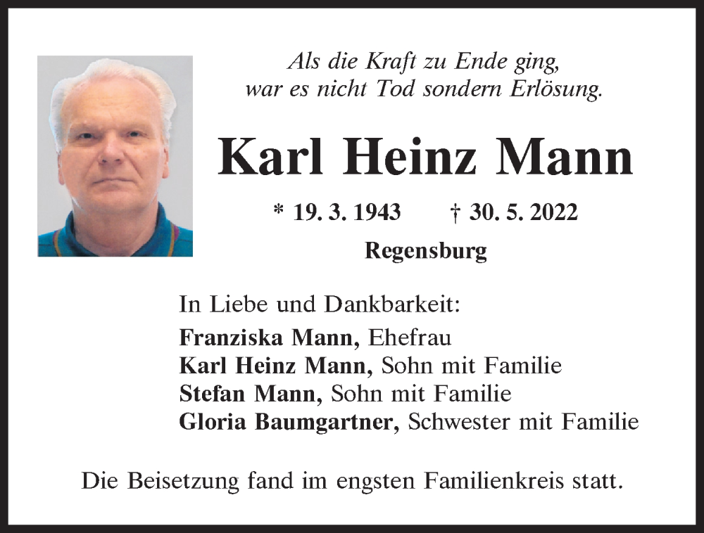 Traueranzeigen Von Karl Heinz Mann Mittelbayerische Trauer