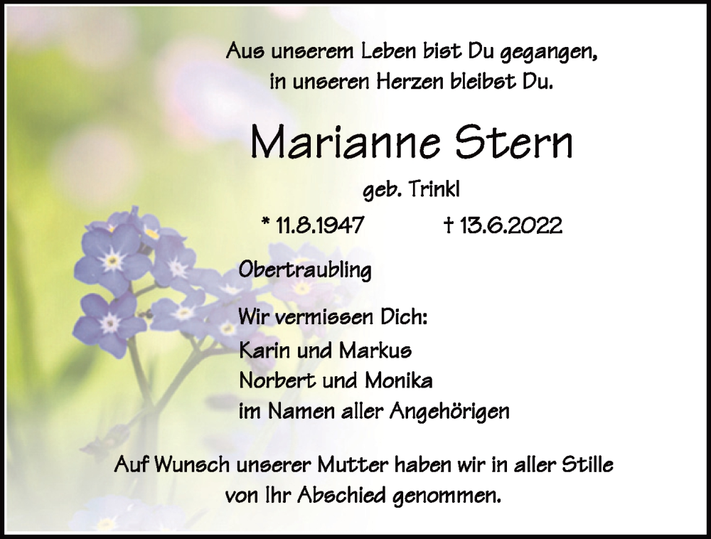  Traueranzeige für Marianne Stern vom 25.06.2022 aus Mittelbayerische Zeitung Regensburg