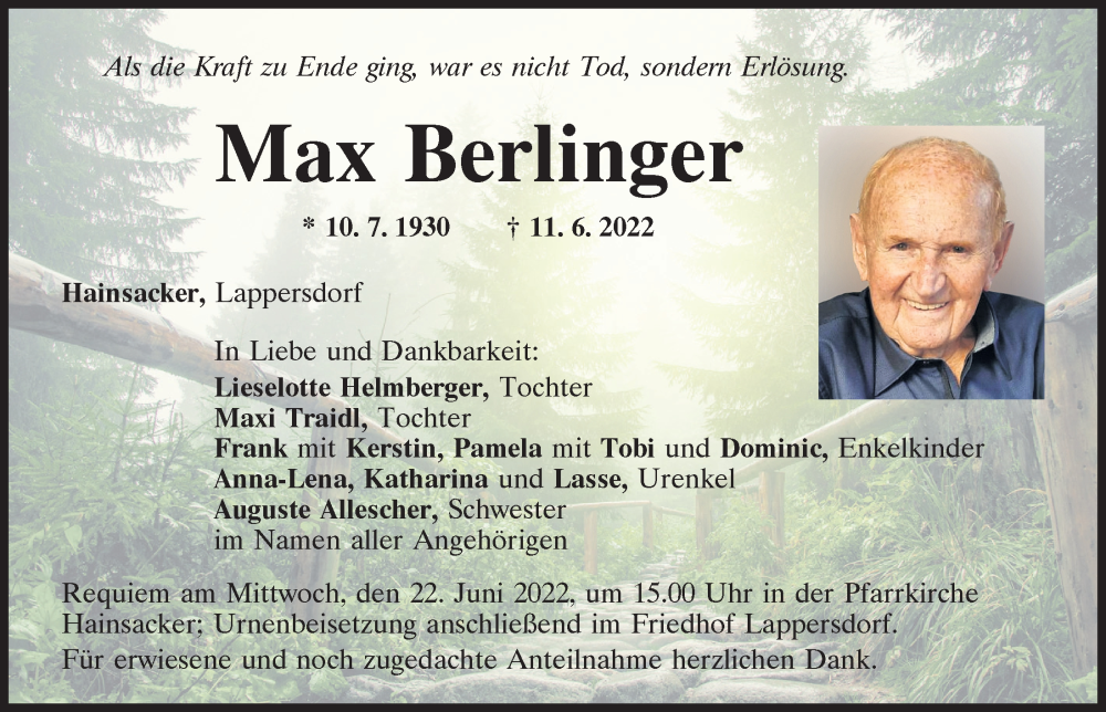  Traueranzeige für Max Berlinger vom 18.06.2022 aus Mittelbayerische Zeitung Regensburg