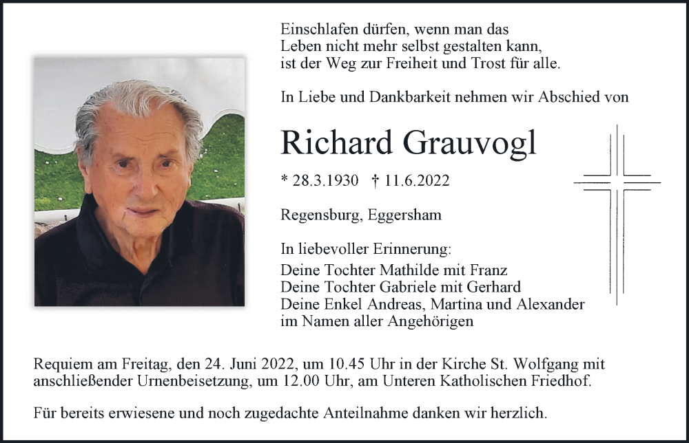  Traueranzeige für Richard Grauvogl vom 18.06.2022 aus Mittelbayerische Zeitung Regensburg