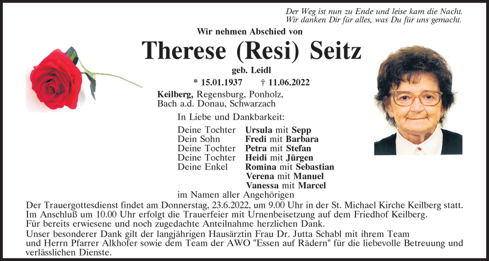  Traueranzeige für Therese  Seitz vom 18.06.2022 aus Mittelbayerische Zeitung Regensburg