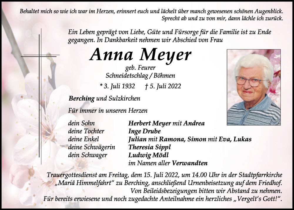 Traueranzeigen von Anna Meyer | Mittelbayerische Trauer