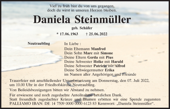 Traueranzeige von Daniela Steinmüller von Mittelbayerische Zeitung Regensburg