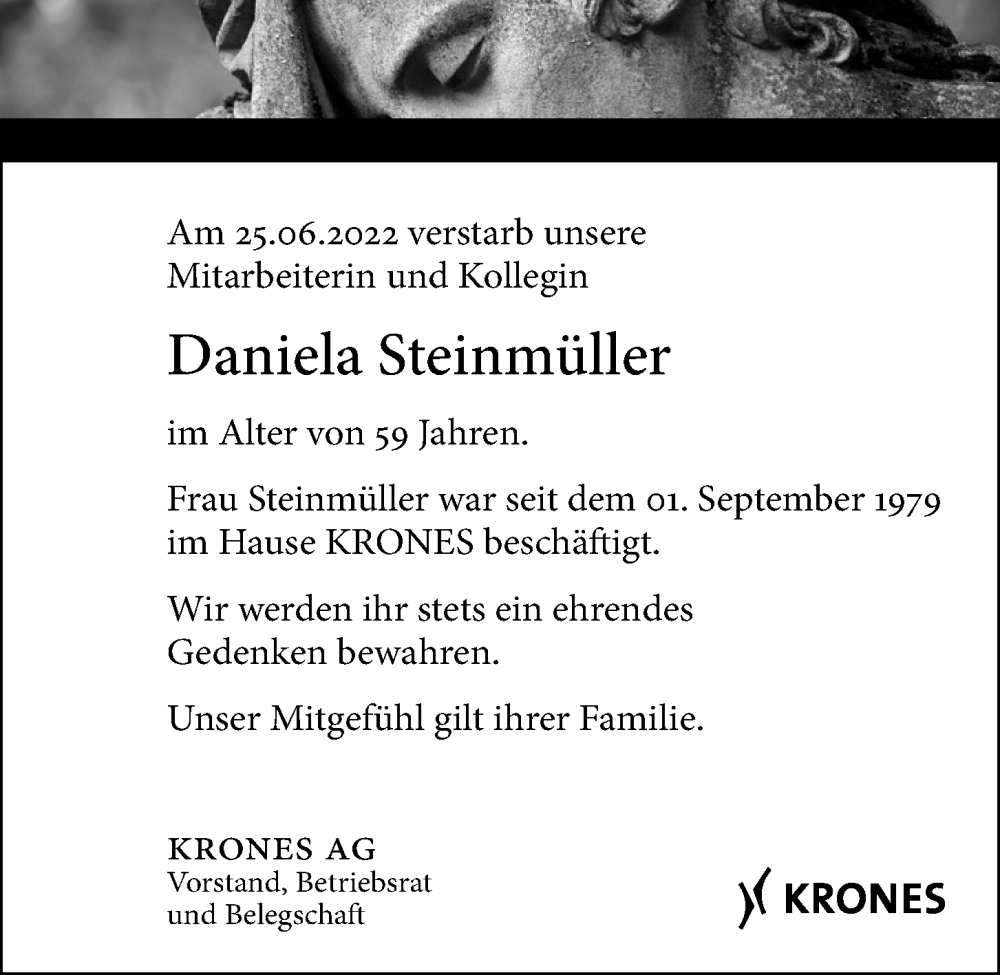  Traueranzeige für Daniela Steinmüller vom 02.07.2022 aus Mittelbayerische Zeitung Regensburg