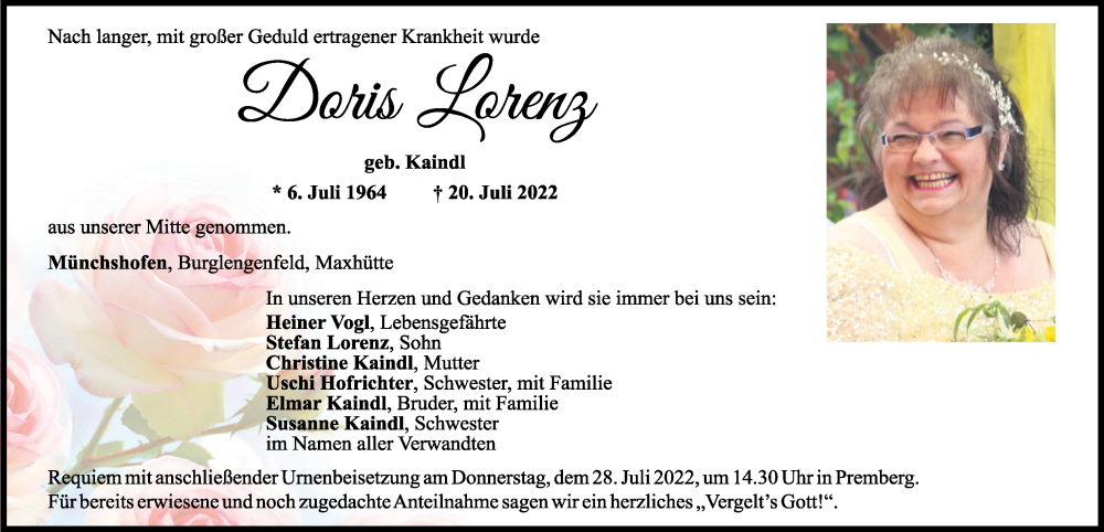  Traueranzeige für Doris Lorenz vom 23.07.2022 aus Mittelbayerische Zeitung Schwandorf