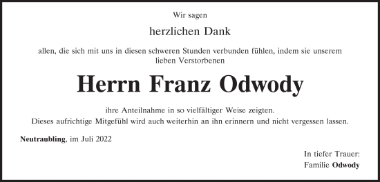 Traueranzeige von Franz Odwody von Mittelbayerische Zeitung Regensburg