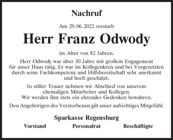 Traueranzeige von Franz Odwody von Mittelbayerische Zeitung Regensburg