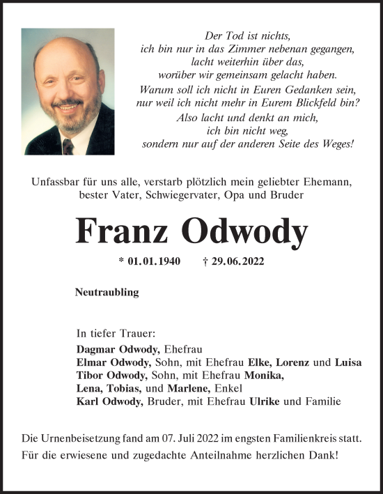 Traueranzeige von Franz Odwody von Mittelbayerische Zeitung Regensburg