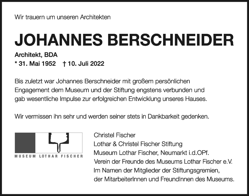  Traueranzeige für Johannes Berschneider vom 14.07.2022 aus Neumarkter Tagblatt