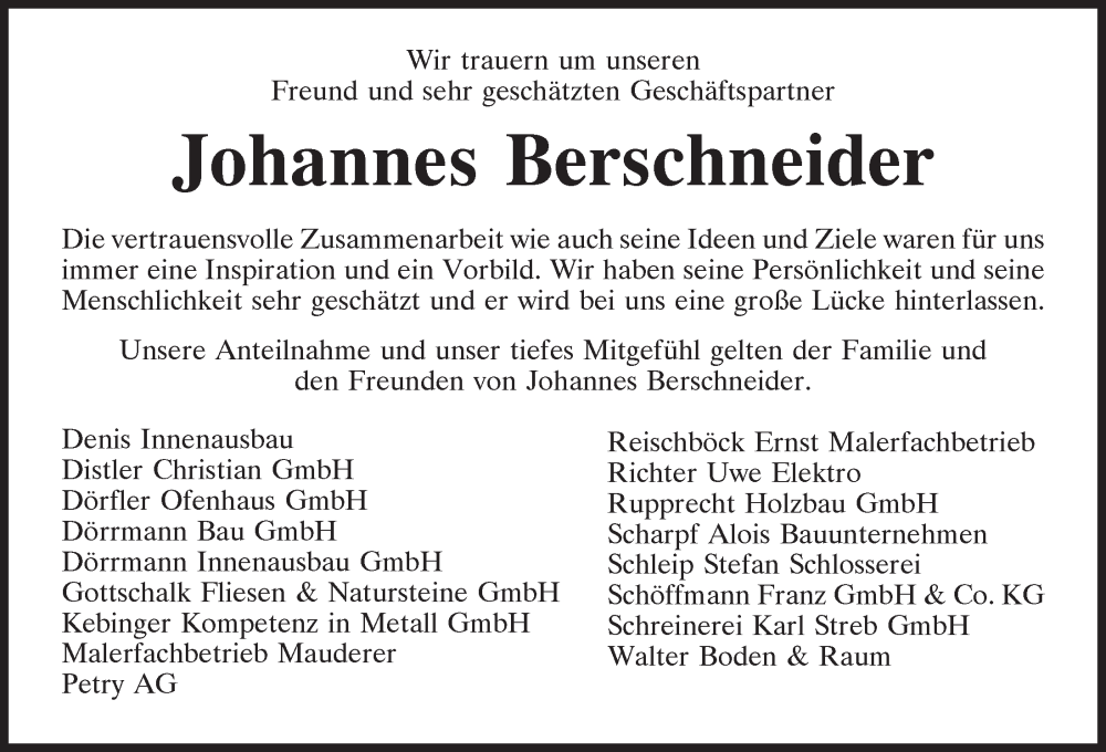  Traueranzeige für Johannes Berschneider vom 15.07.2022 aus Neumarkter Tagblatt