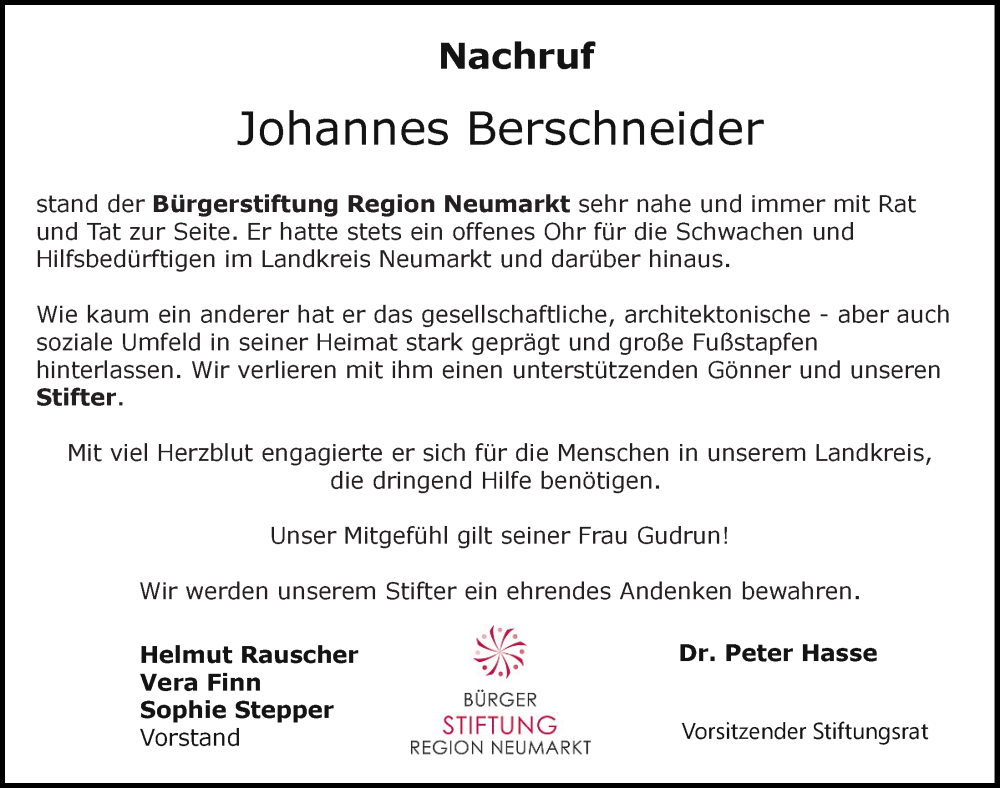  Traueranzeige für Johannes Berschneider vom 12.07.2022 aus Neumarkter Tagblatt