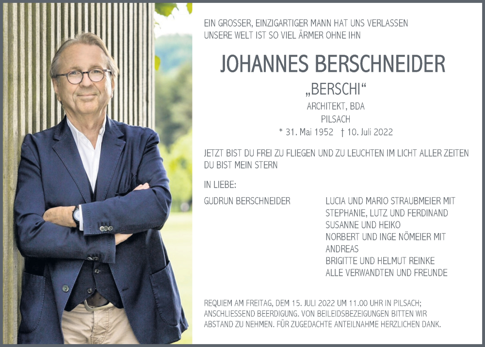  Traueranzeige für Johannes Berschneider vom 12.07.2022 aus Mittelbayerische Zeitung Regensburg