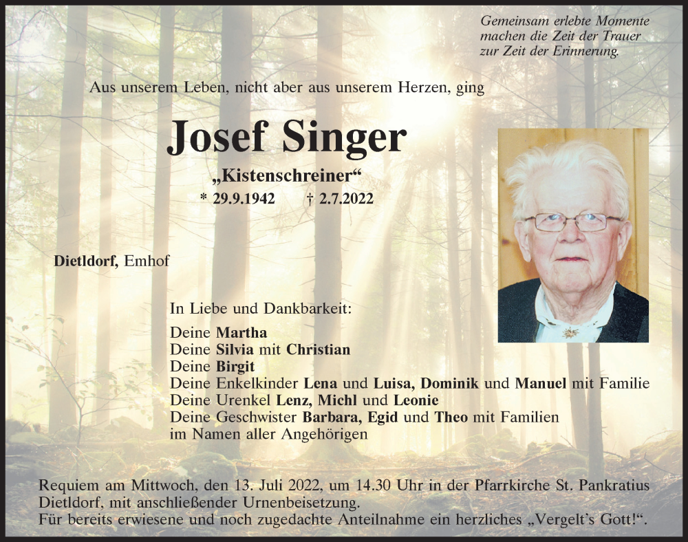  Traueranzeige für Josef Singer vom 09.07.2022 aus Mittelbayerische Zeitung Schwandorf