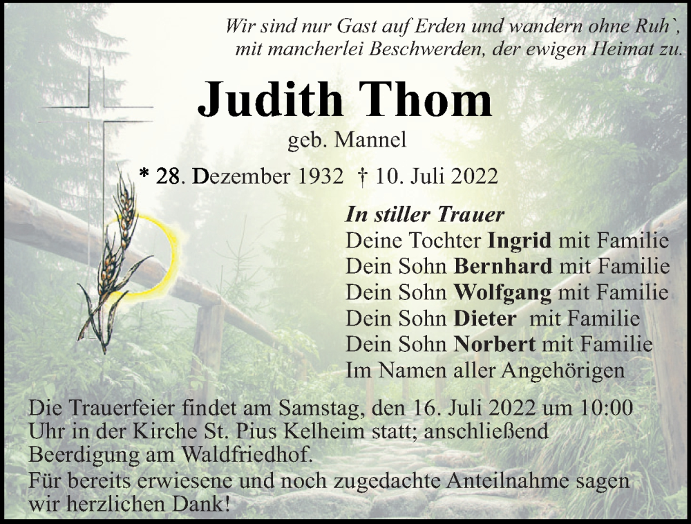  Traueranzeige für Judith Thom vom 14.07.2022 aus Mittelbayerische Zeitung Kelheim