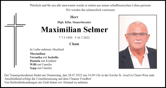 Traueranzeige von Maximilian Selmer von Bayerwald Echo