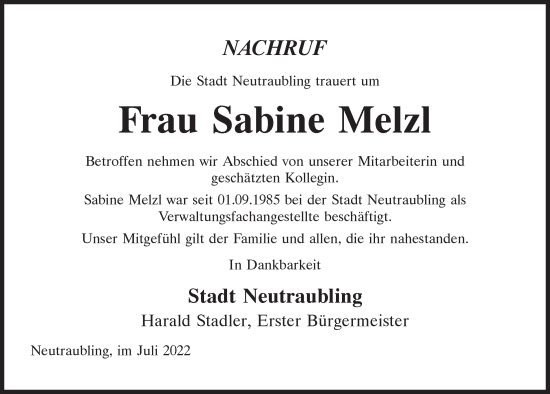 Traueranzeige von Sabine Melzl von Mittelbayerische Zeitung Regensburg