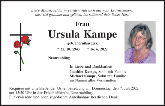 Traueranzeige von Ursula Kampe von Mittelbayerische Zeitung Regensburg