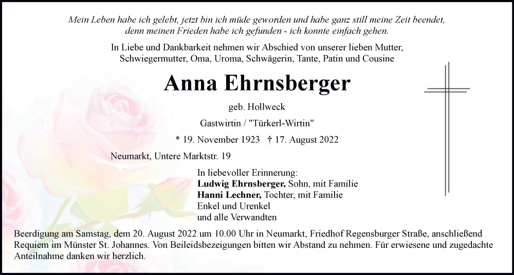  Traueranzeige für Anna Ehrnsberger vom 19.08.2022 aus Neumarkter Tagblatt