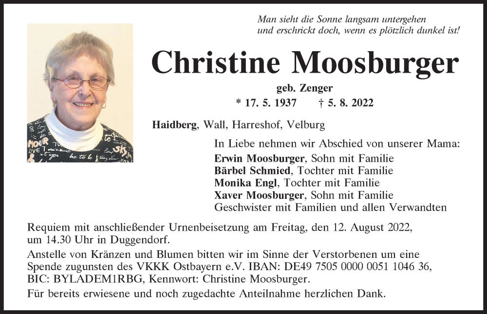  Traueranzeige für Christine Moosburger vom 10.08.2022 aus Mittelbayerische Zeitung Regensburg