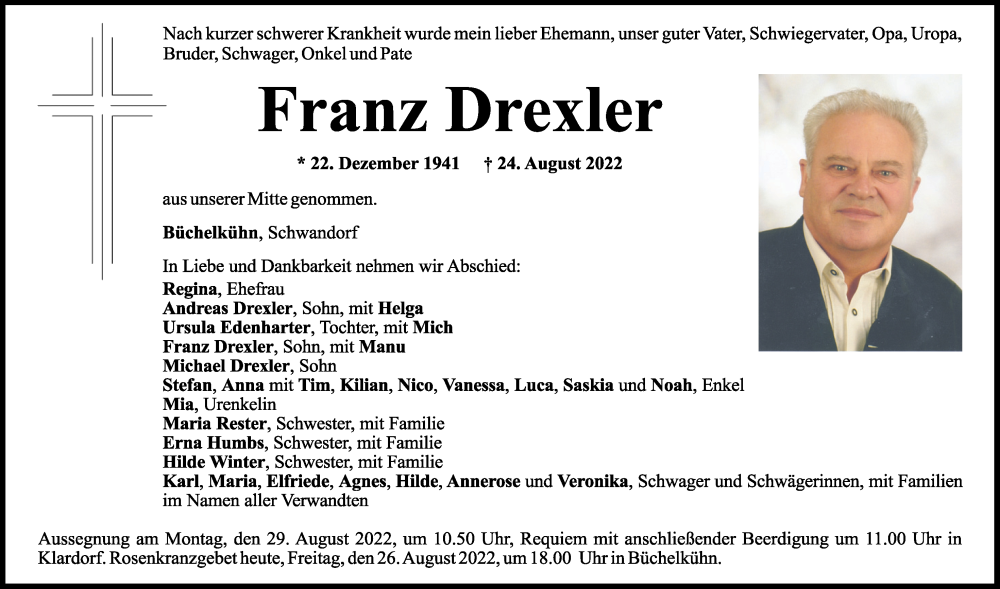  Traueranzeige für Franz Drexler vom 26.08.2022 aus Mittelbayerische Zeitung Schwandorf