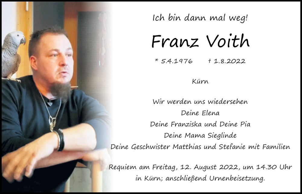  Traueranzeige für Franz Voith vom 06.08.2022 aus Mittelbayerische Zeitung Regensburg