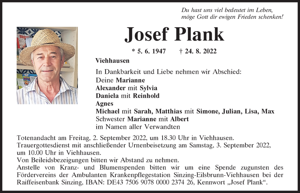  Traueranzeige für Josef Plank vom 27.08.2022 aus Mittelbayerische Zeitung Regensburg