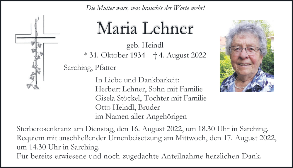 Traueranzeigen von Maria Lehner | Mittelbayerische Trauer