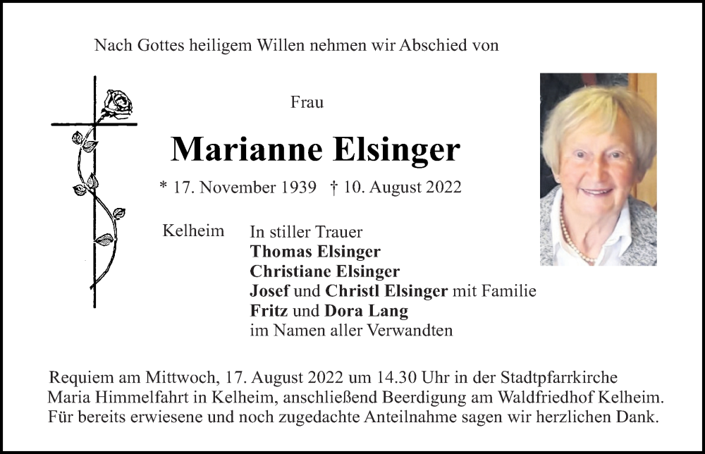 Traueranzeigen von Marianne Elsinger | Mittelbayerische Trauer
