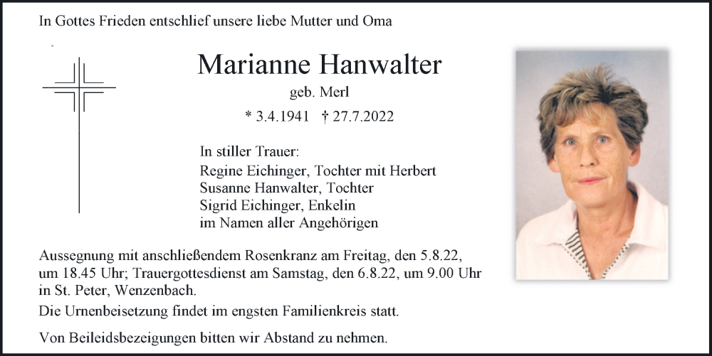  Traueranzeige für Marianne Hanwalter vom 02.08.2022 aus Mittelbayerische Zeitung Regensburg